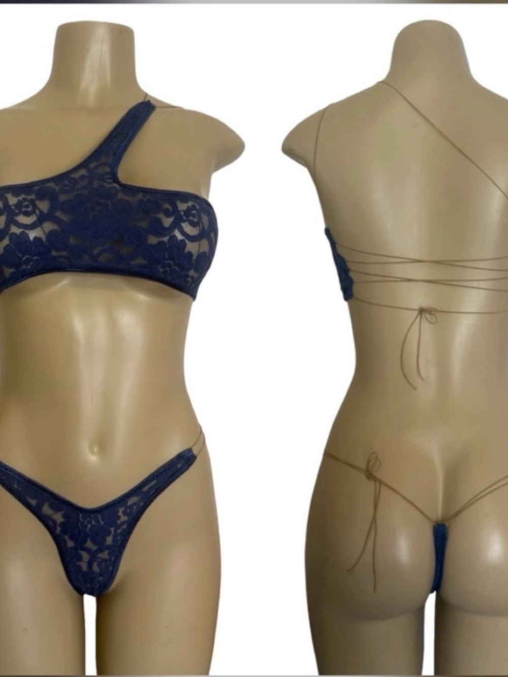 Navy Lace One-Shoulder Bralette & String Thong Set